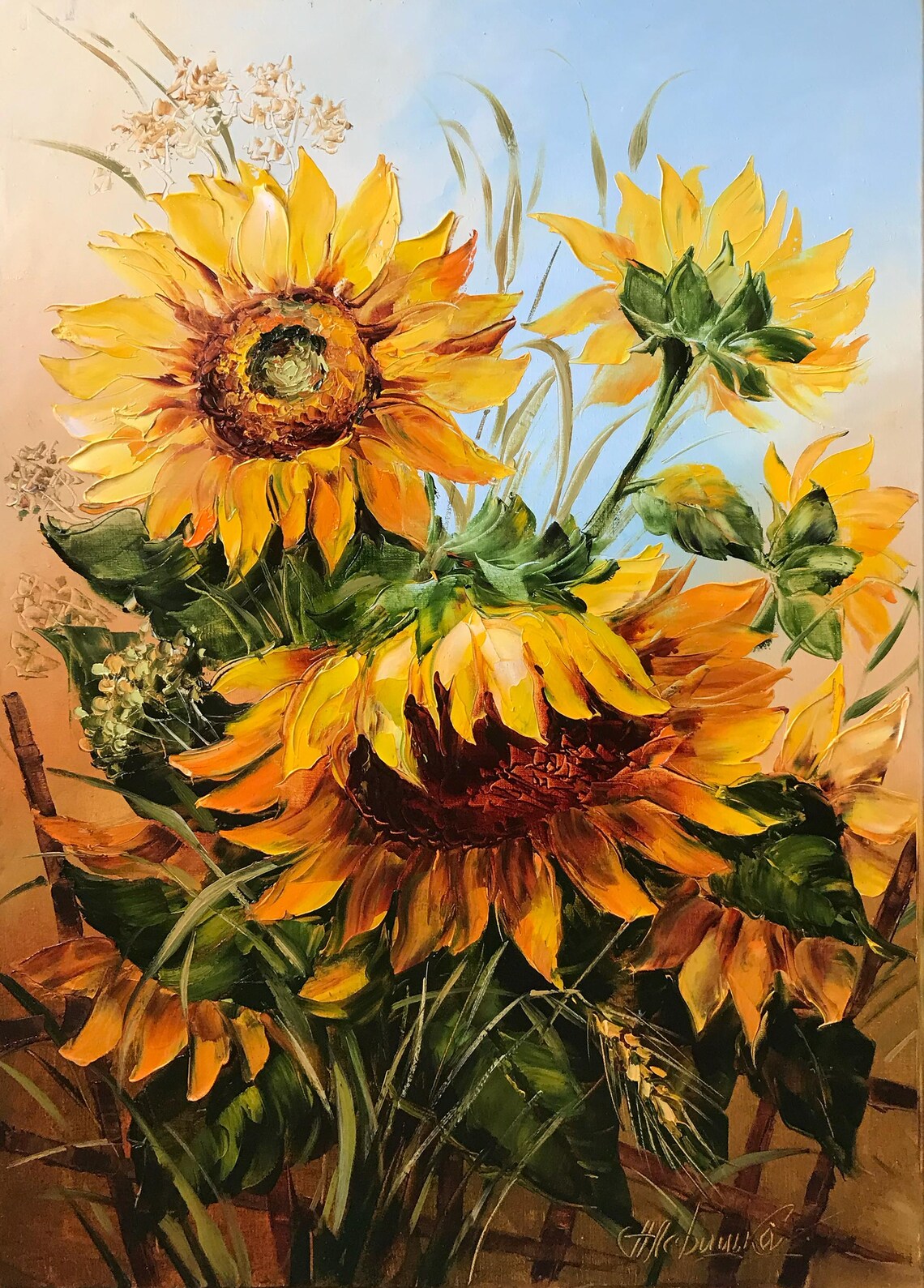 Golden Sunflowers Against Blue Sky Oil Painting Floral Wall Art - Image 3