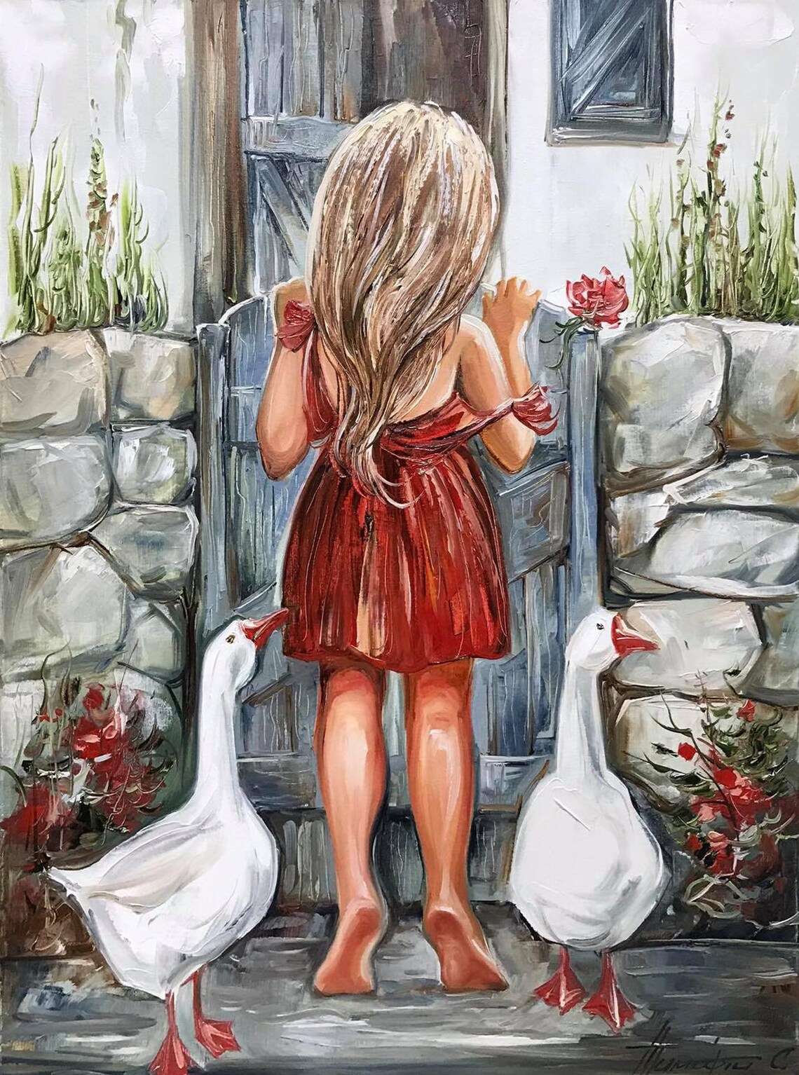 Farm Girl and Goose, Farmhouse Wall Art Print