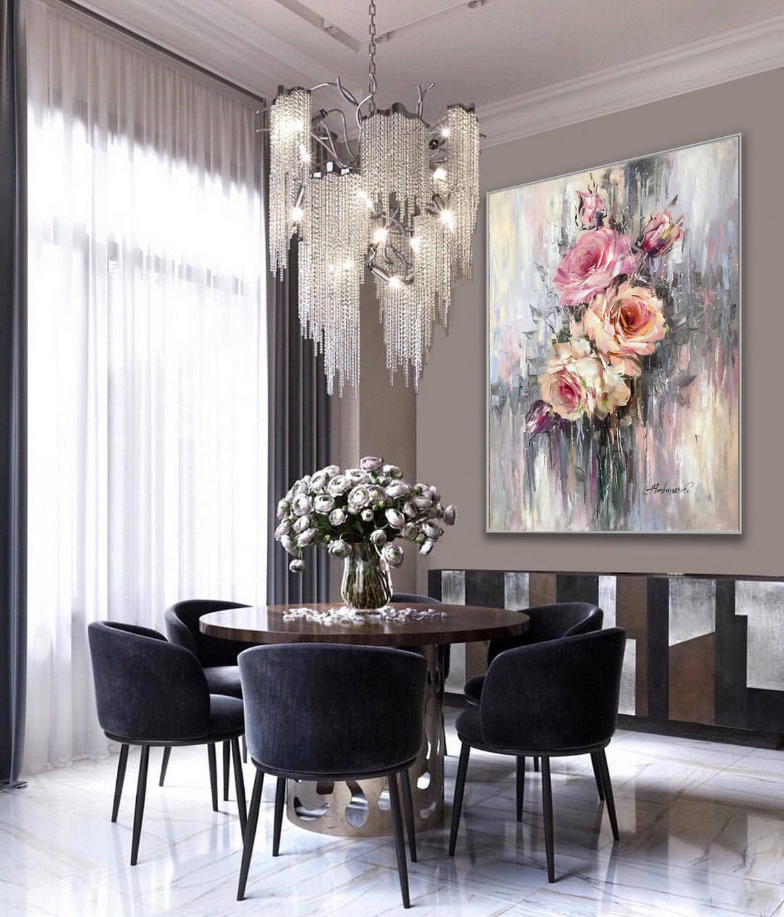 Abstract Pink Roses Gray Beige Background Modern Floral Oil Poster - Image 2