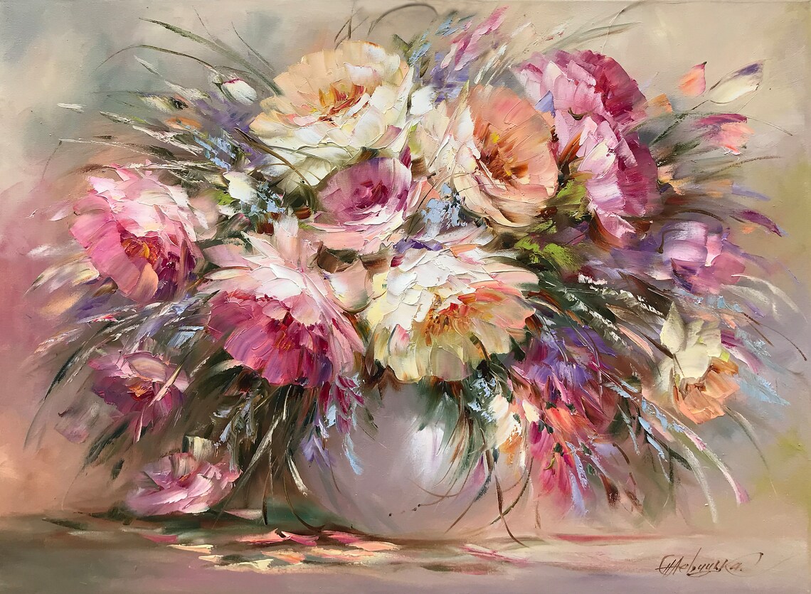 Pink White Peonies Bouquet Soft Garden Blooms Impasto Art Poster