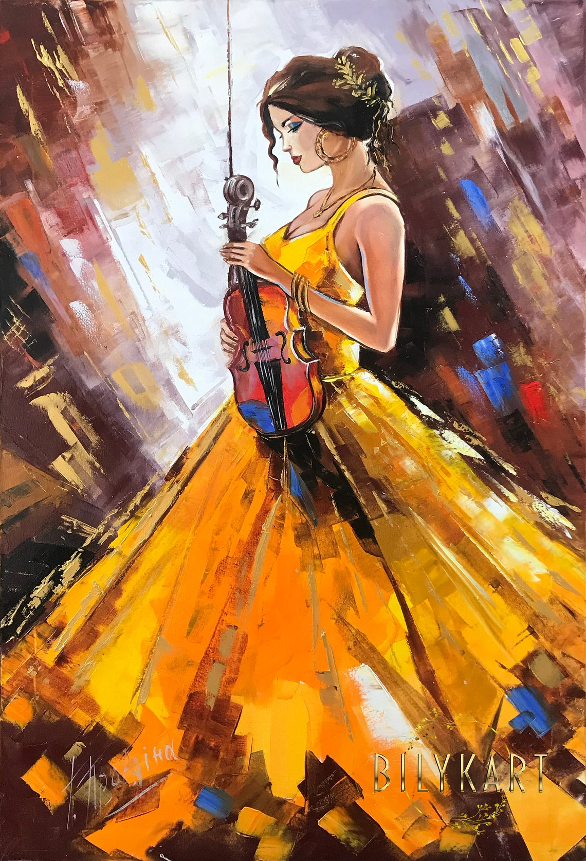 Abstract Woman In Yellow Dress Oil Painting Original Lady With Violin Painting Violin Decor Girl Violinist Painting Modern Woman Artwork - Image 3