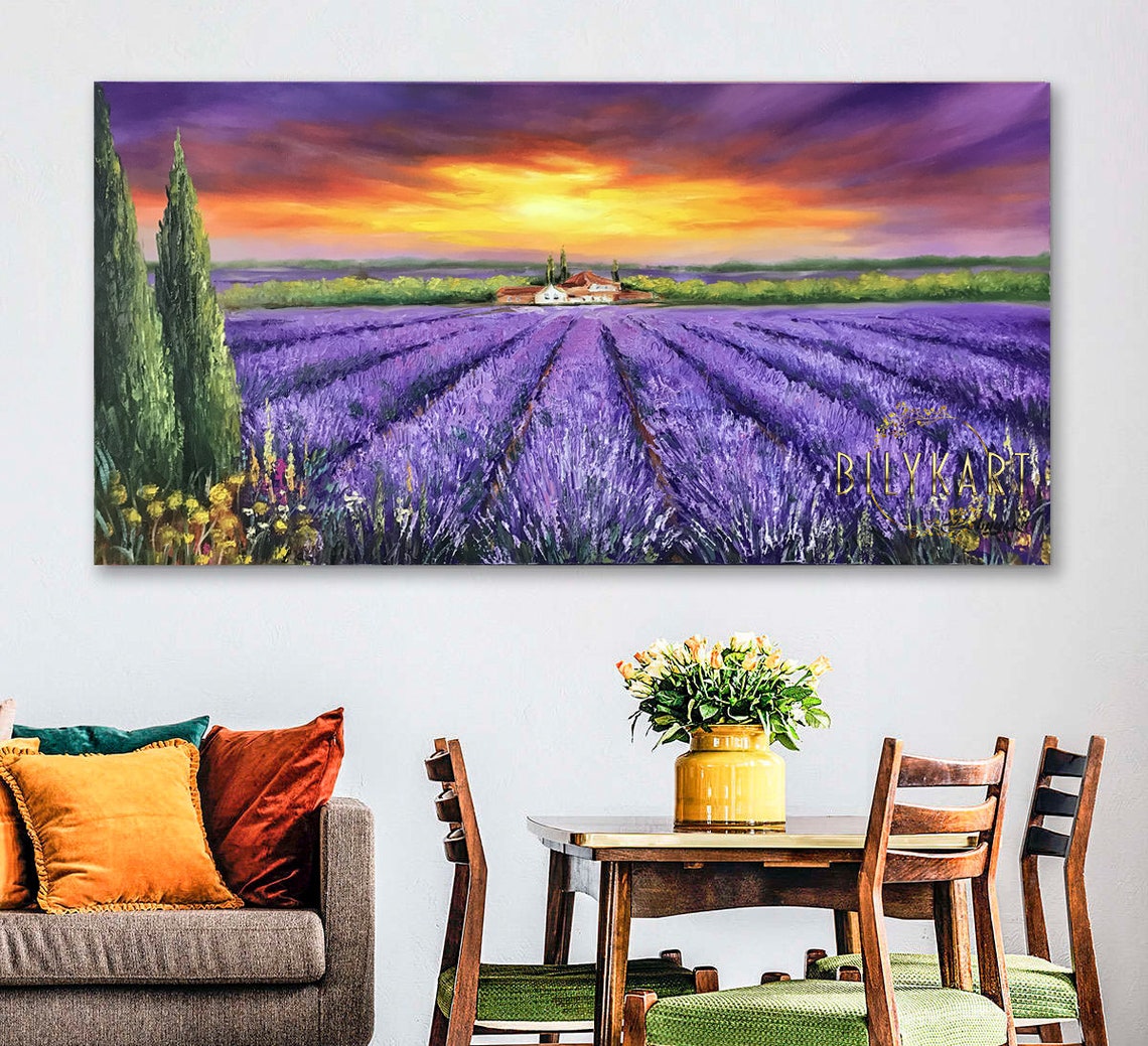 Tuscany Painting Original Italian Landscape Painting On Lavender Farm Wall Art Lavender Field Painting Sunset Italy Tuscan Paintings - Image 3