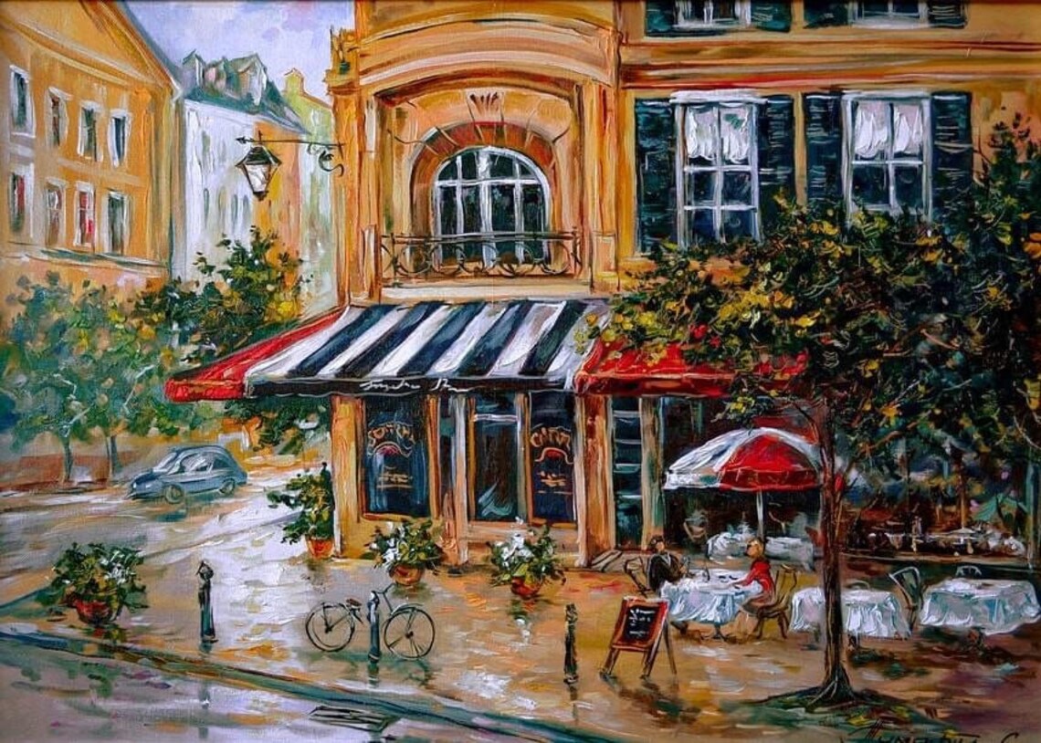 Paris French Cafe Street Scene Striped Awning Vintage Travel Poster