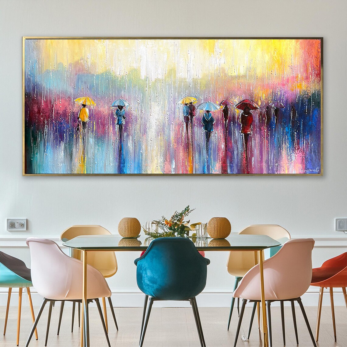 Rainy Day Colorful Umbrellas Abstract City Street Art Painting - Image 3