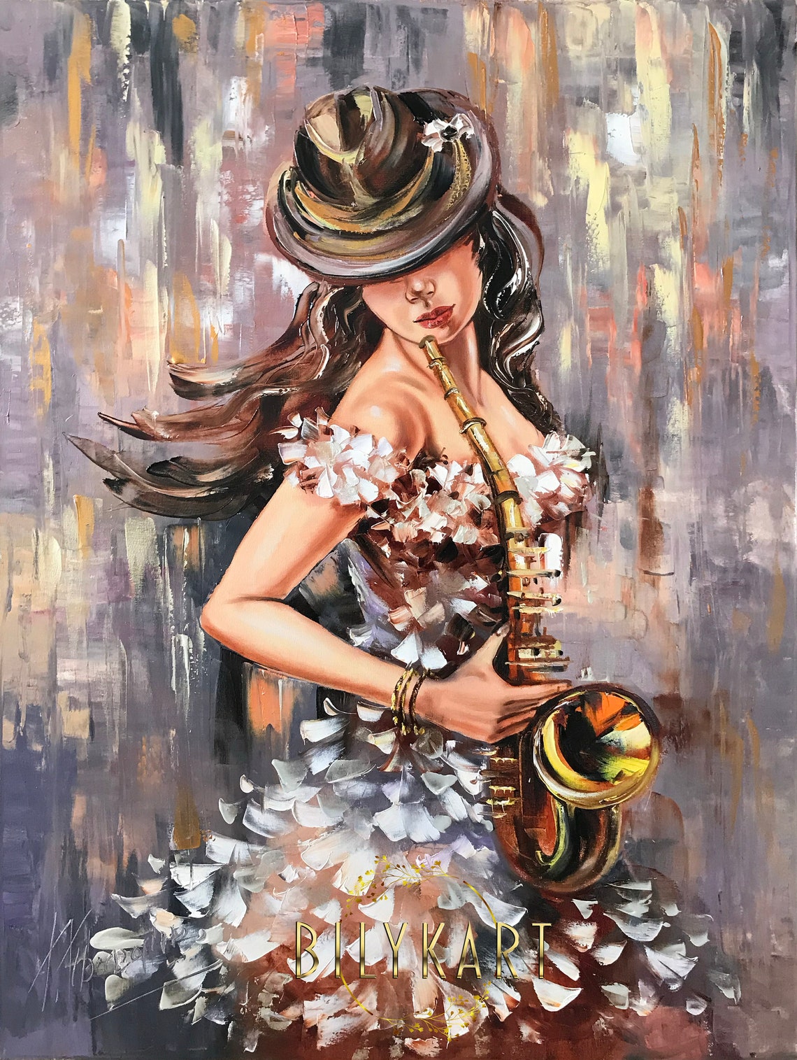 Abstract Figurative Painting Woman Playing Saxophone Oil Painting Modern Figurative Art Jazz Painting Gray Gold Painting Abstract Woman Art - Image 2