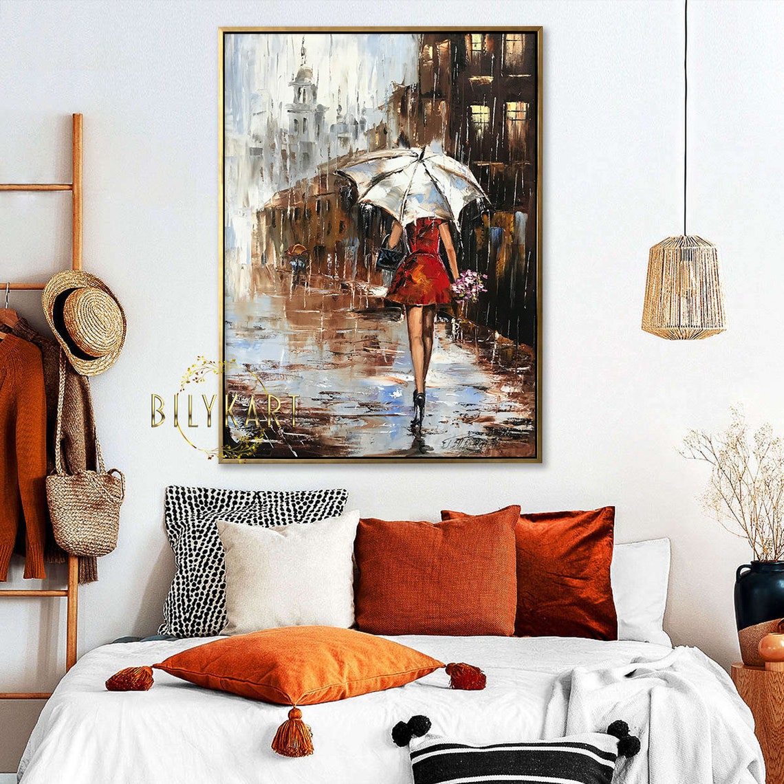 Abstract Girl With Umbrella In Rain Painting Wet City Street Oil Painting Original Woman Holding Umbrella Painting Large Abstract Rain Art - Image 3