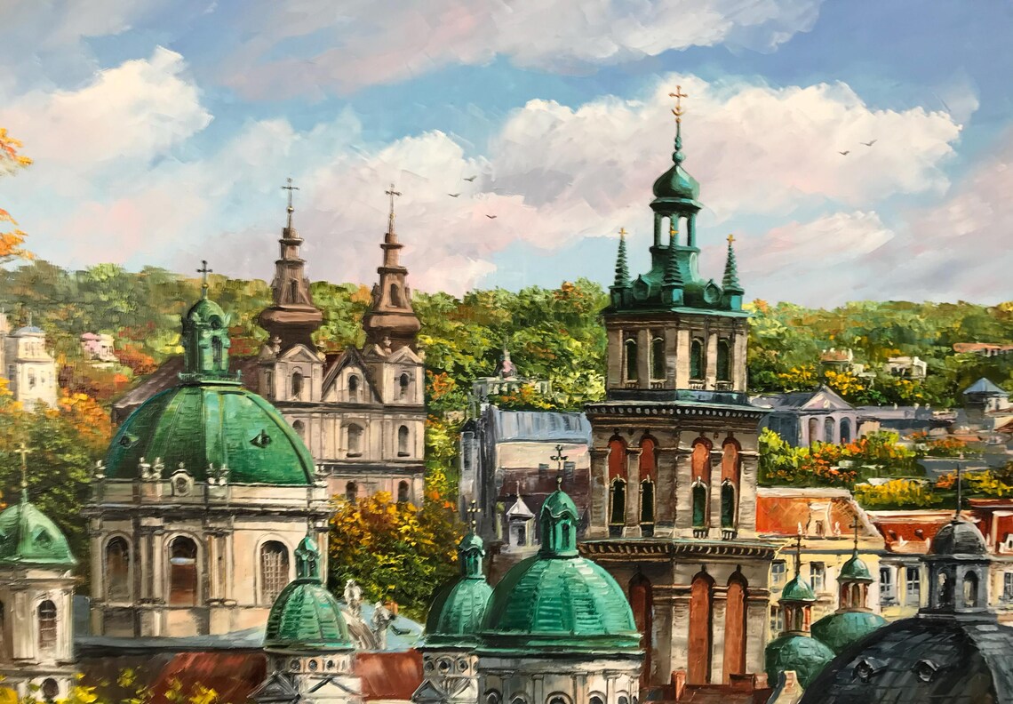 Lviv Ukraine Old Town Green Dome Church Cityscape Oil Painting Poster - Image 3