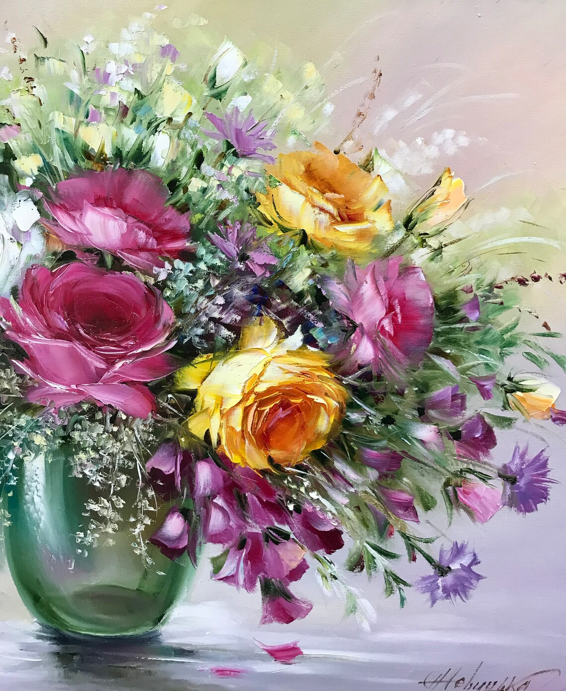 Colorful Rose Bouquet Green Vase Oil Painting Pastel Floral Art Poster - Image 2
