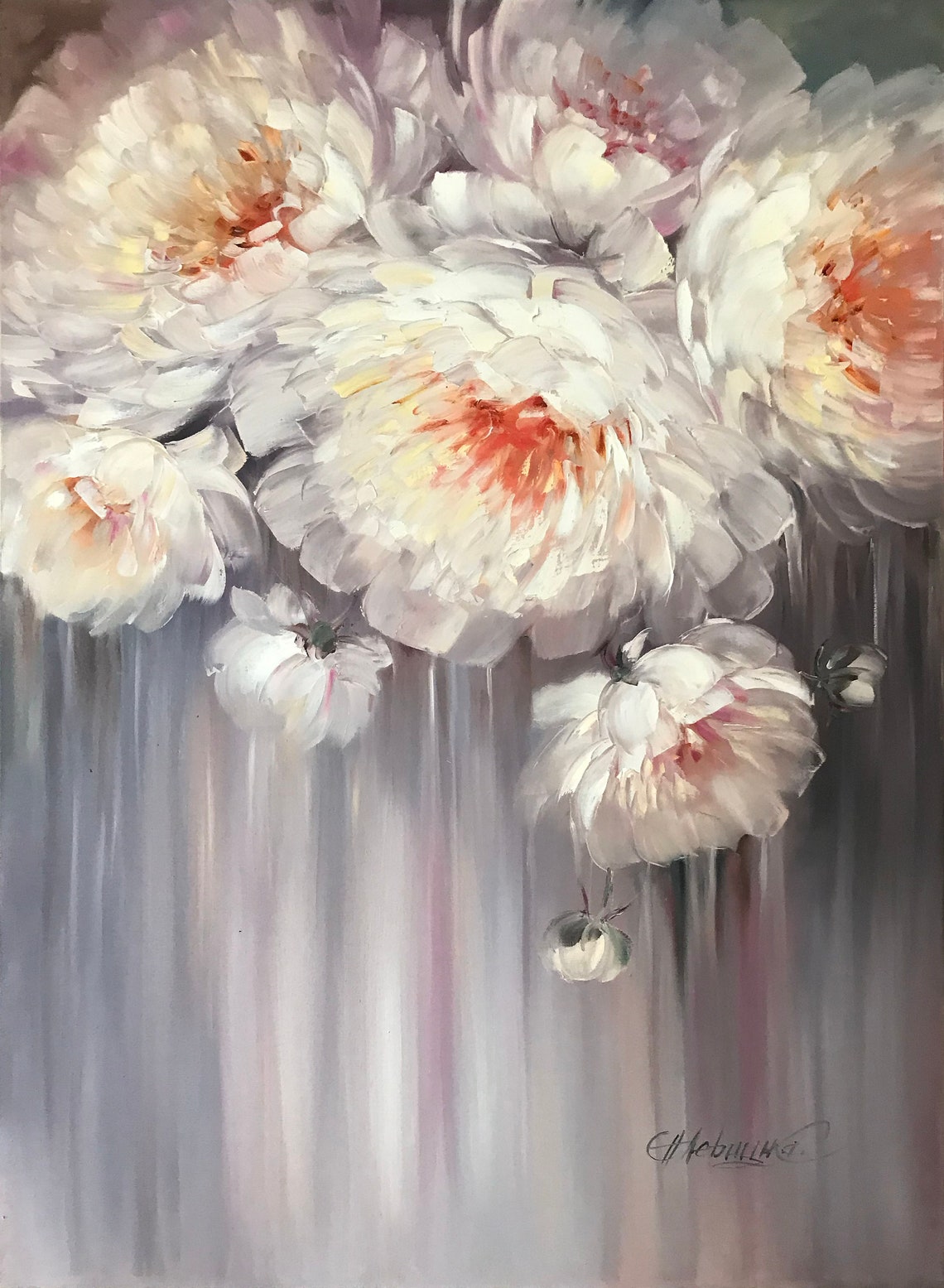 White Peony Blossoms Gray Background Oil Painting Floral Art Poster - Image 3