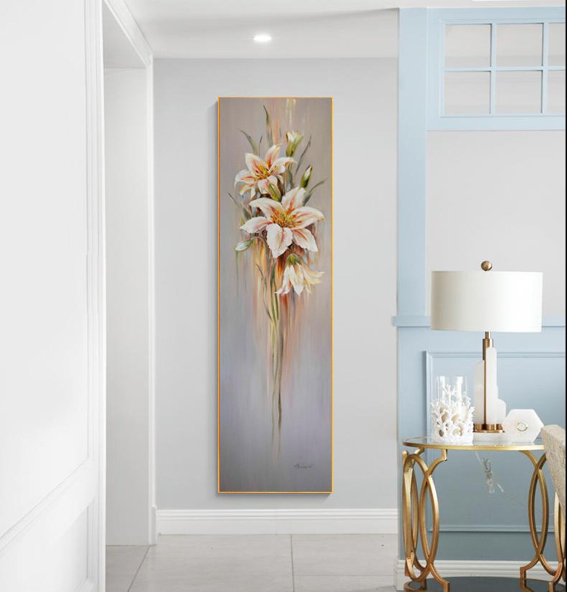 Peach White Lilies Tall Narrow Abstract Taupe Floral Wall Art Poster - Image 2