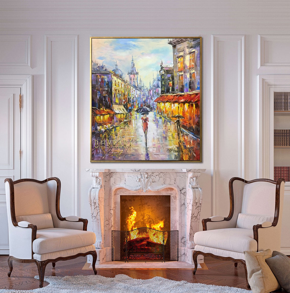 Paris Street Scene Oil Painting Original Woman With Umbrella Painting Rainy City Art Rain Reflection Painting Rainy Painting Paris Wall Art - Image 3