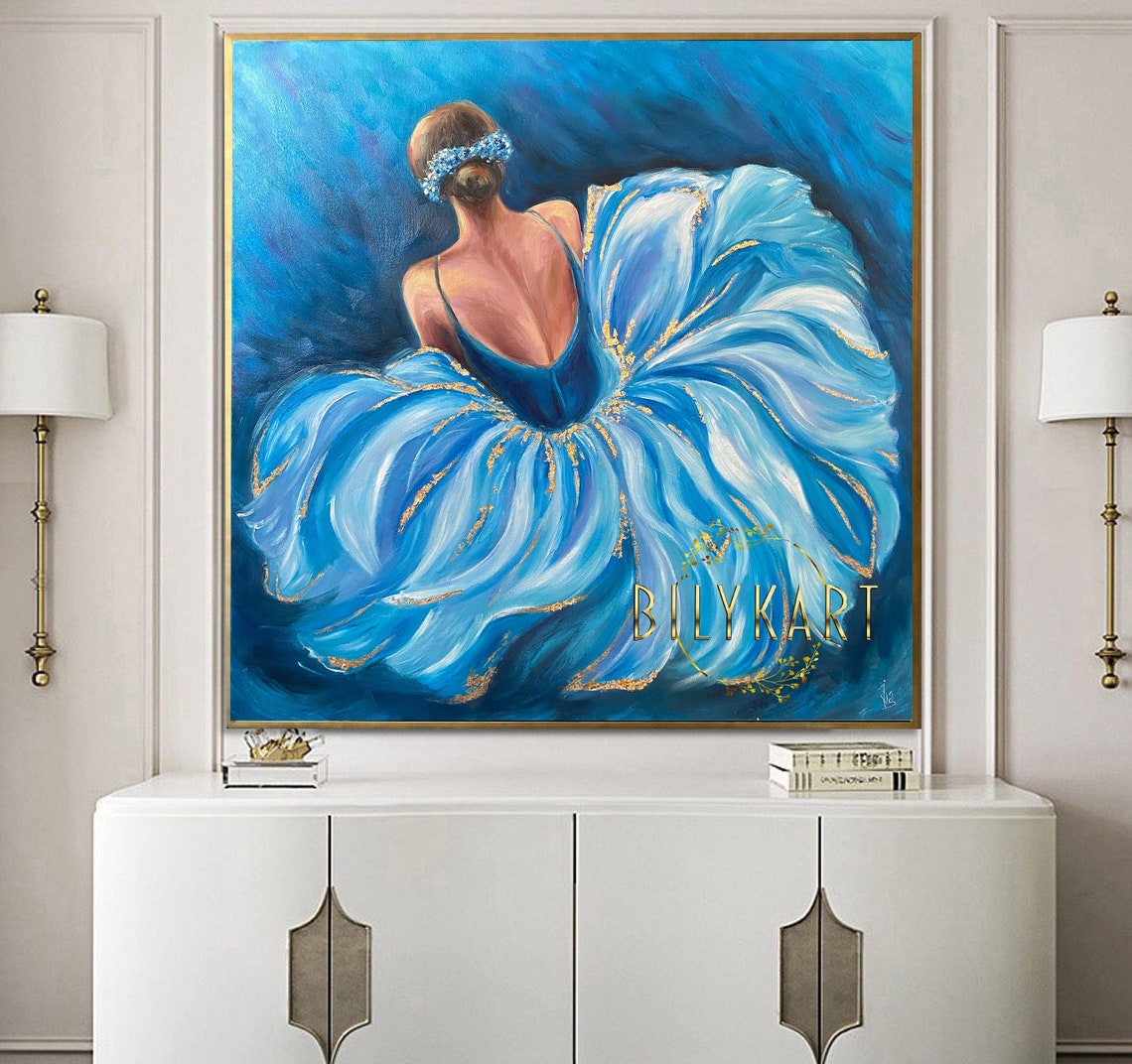 Abstract Ballerina Oil Painting Original Blue Ballerina Wall Art Girl In Dress Painting Gold Frame Ballet Art Ballerina Painting On - Image 3