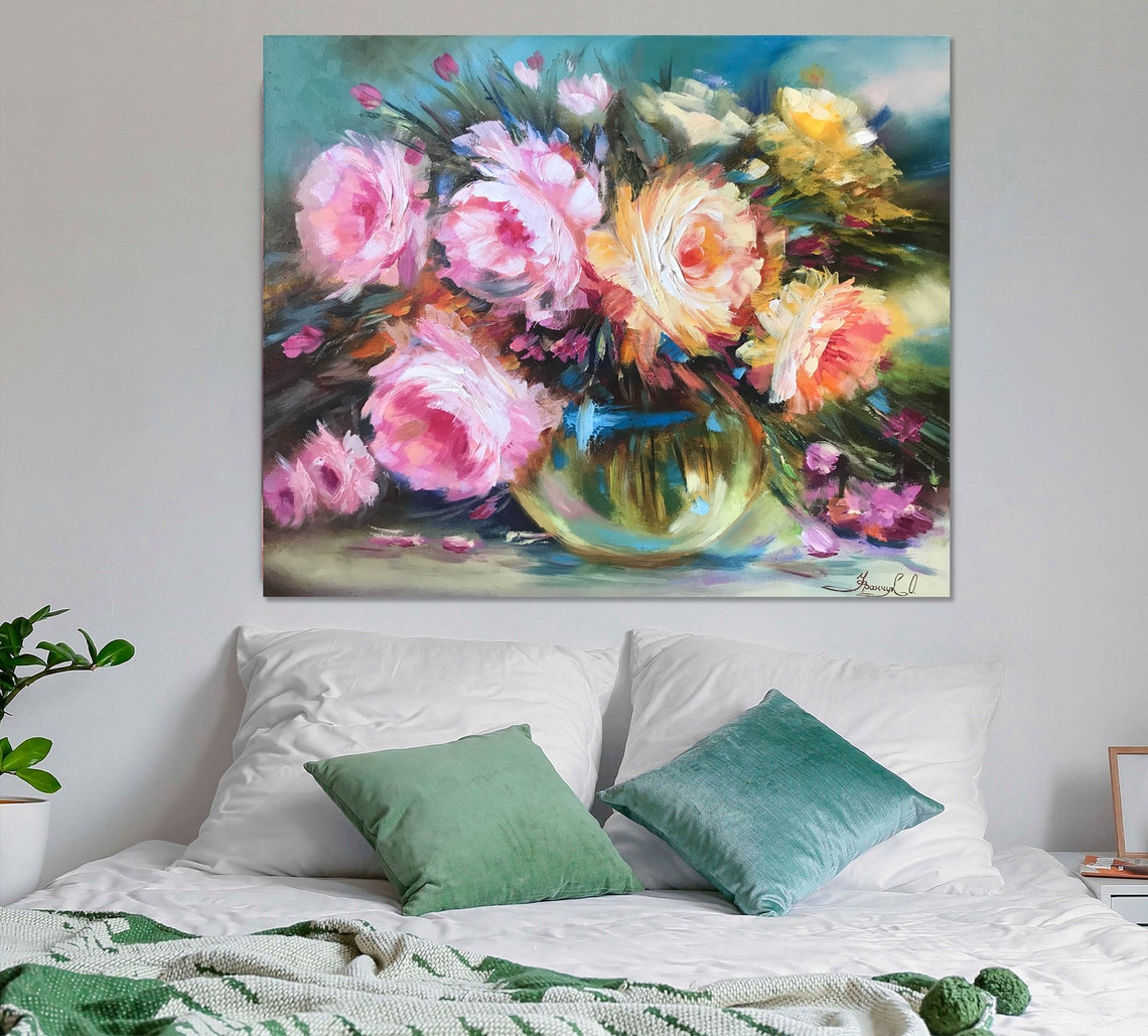 Pink Roses Oil Painting Original Rose Flowers In Vase Painting Classic Wall Art Pink Flowers Art Roses Bouquet Oil Painting Art Gift For Her - Image 2
