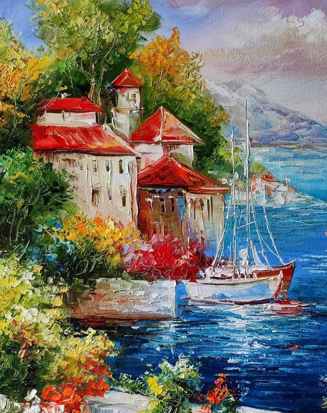 Mediterranean Sea Oil Painting Original Italy Painting Scenery Wall Art Italian Seaside Painting Beautiful Italian Landscape Paintings - Image 2