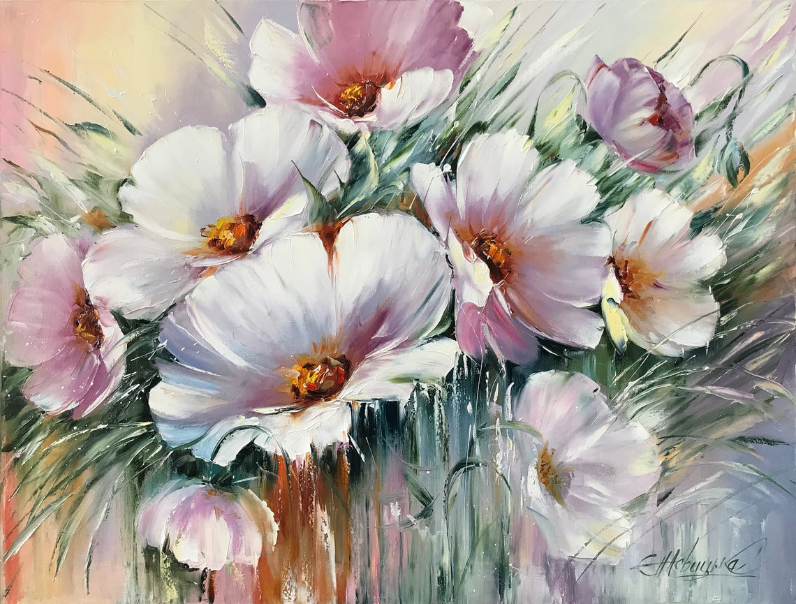 Abstract Floral Original Oil Painting Floral Wall Art Purple Flowers Painting Abstract Flower Art Modern White Floral Painting