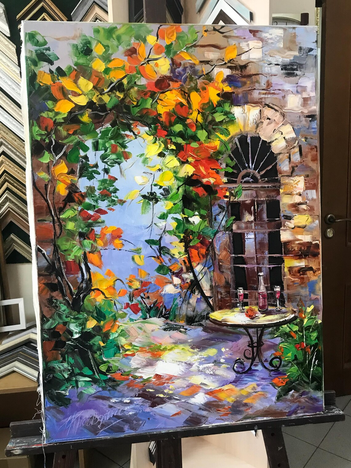 Italian Wine Courtyard Autumn Vines Stone Arch Door Oil Painting Poster - Image 2