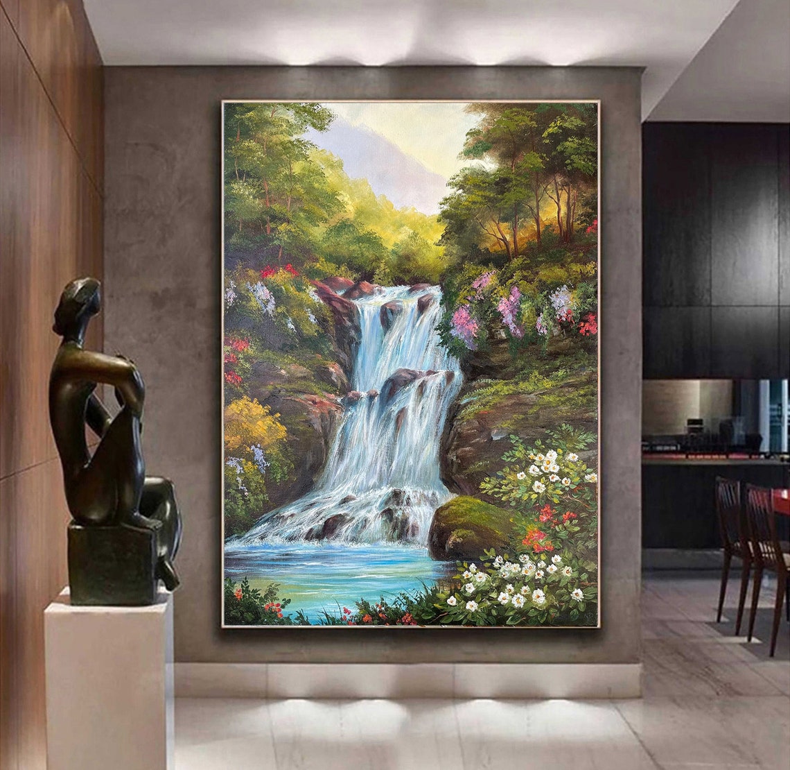 Tropical Waterfall In Blooming Forest Paradise Landscape Painting - Image 3