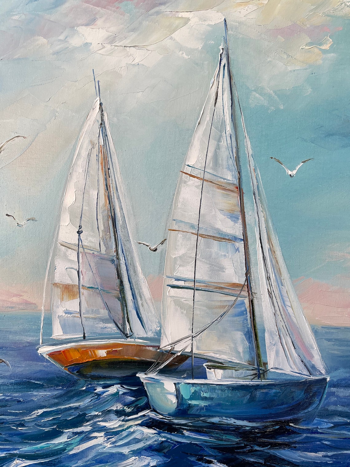 Sailboat Painting Blue Ocean Oil Painting On Original Ship Art Seascape White Blue Painting Nautical Painting Sailing Boat Wall Art - Image 2