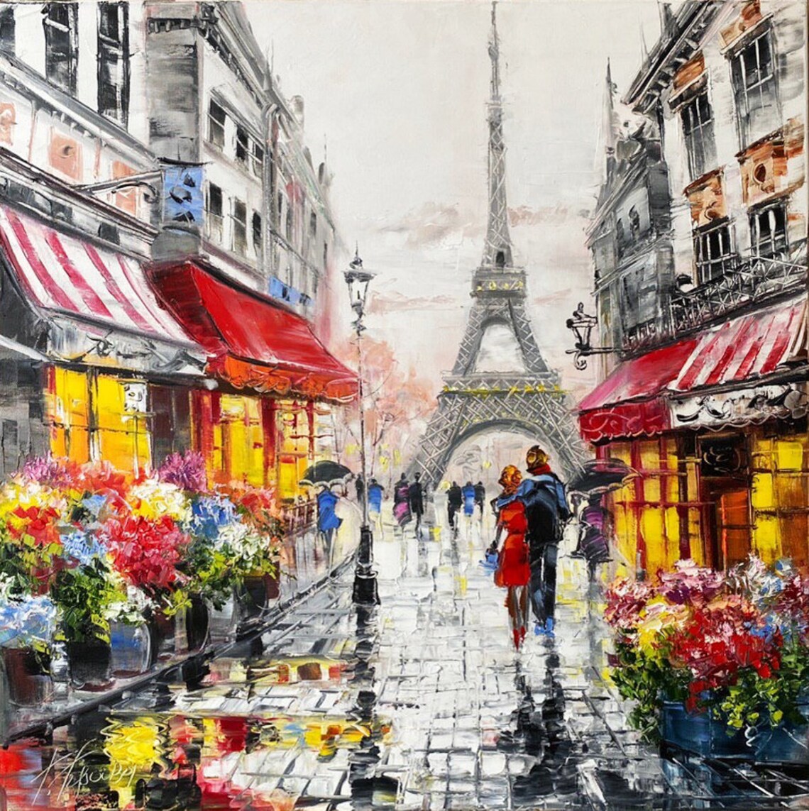 Paris Cafe Oil Painting, Romantic Couple Walking Art Print
