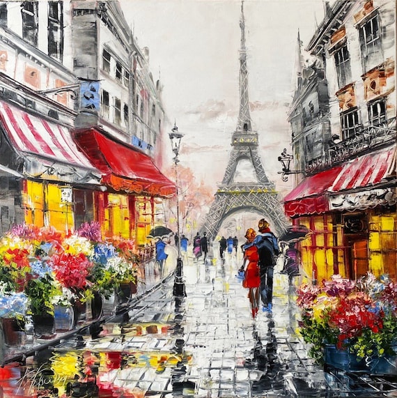 Paris Cafe Oil Painting, Romantic Couple Walking Art Print