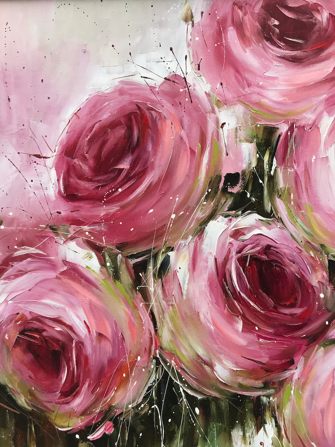 Pink Roses Oil Painting, Abstract Floral Art Print - Image 2