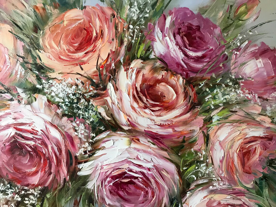 Custom Pink Rose Bridal Bouquet Oil Painting Print - Image 2