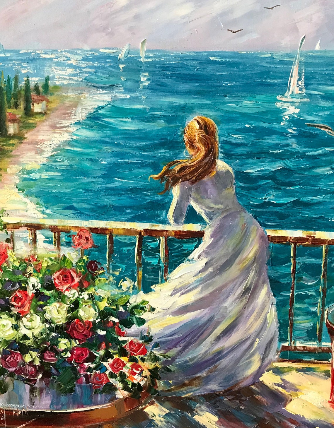 Woman By The Sea Oil Painting Dreaming Girl At Beach Art Scenery Art Gift For Her Birthday Italian Scene Artwork Blue Teal Wall Decor - Image 2