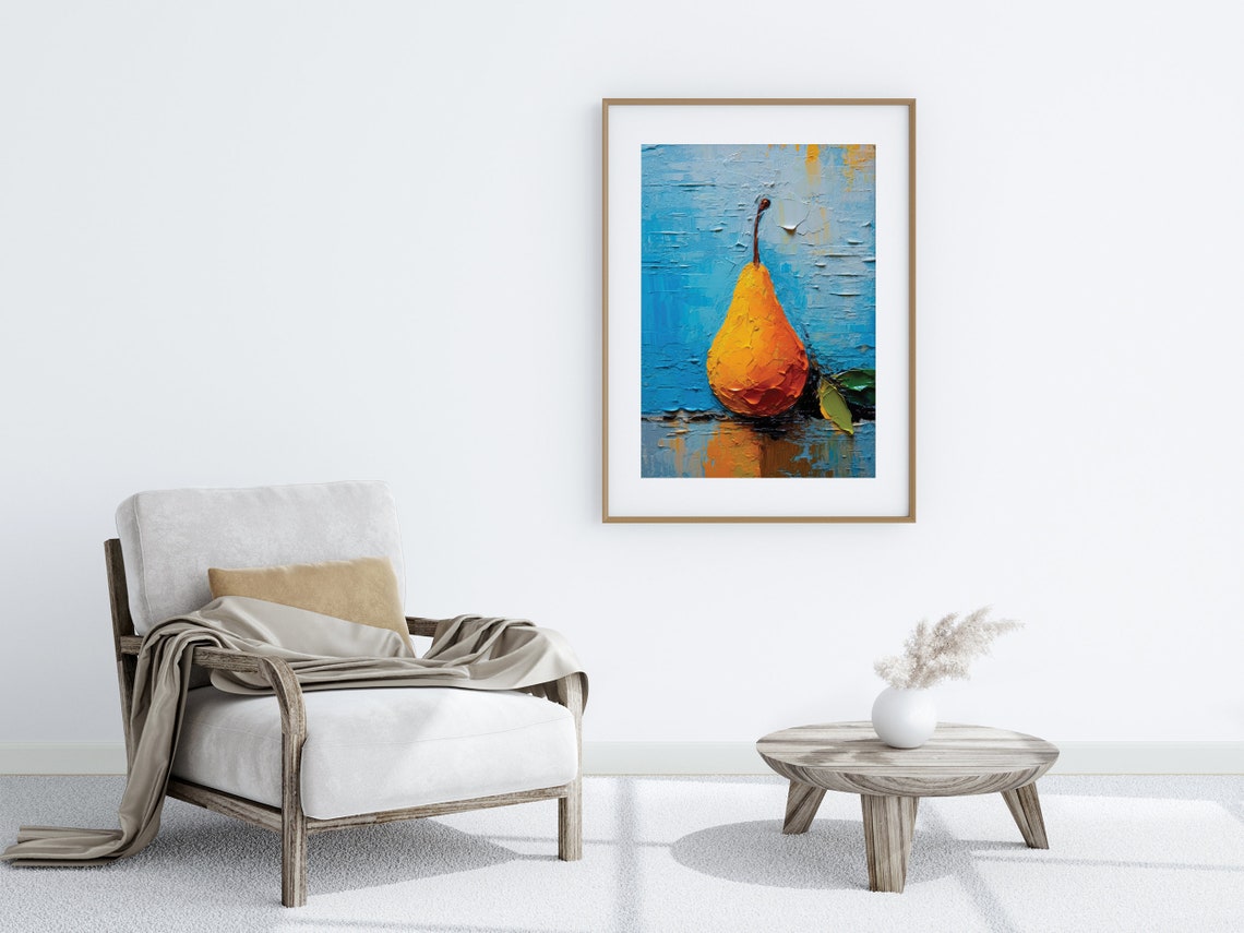 Golden Ripe Pear Against Textured Cobalt Blue Impasto Art Poster - Image 5