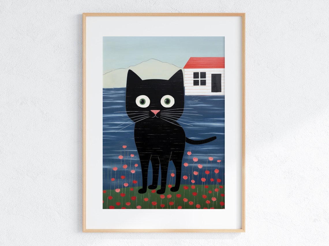 Whimsical Black Cat with Pink Nose Charming Naive Art Poster