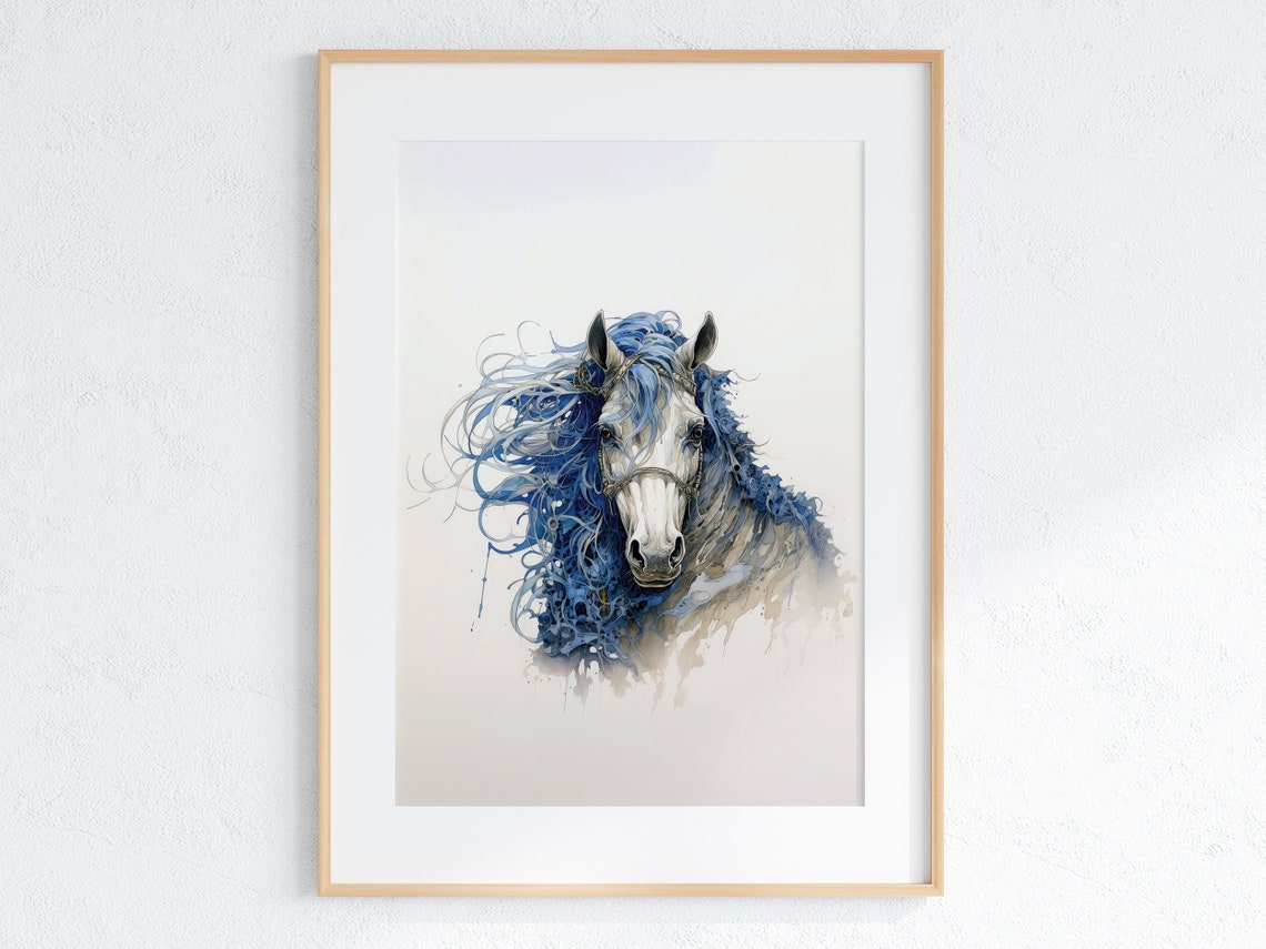 White Horse with Wild Flowing Blue Mane Dreamy Watercolor Poster