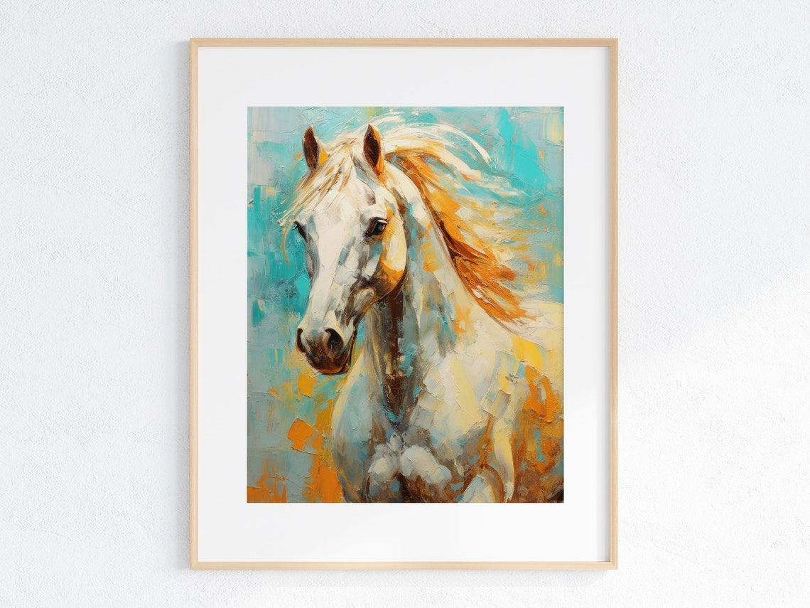 Noble White Horse with Flowing Golden Mane on Teal Impasto Poster