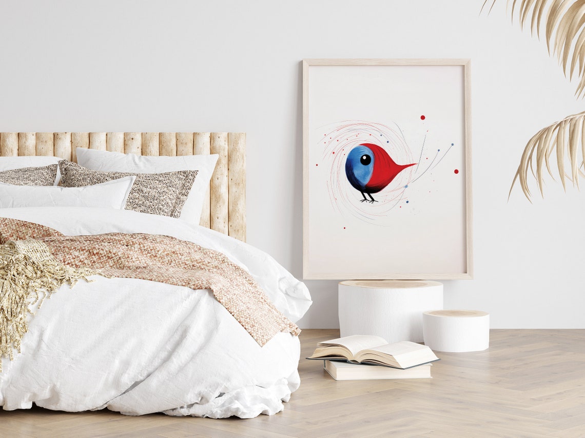Abstract Red and Blue Round Bird in Swirling Lines Minimalist Poster - Image 2