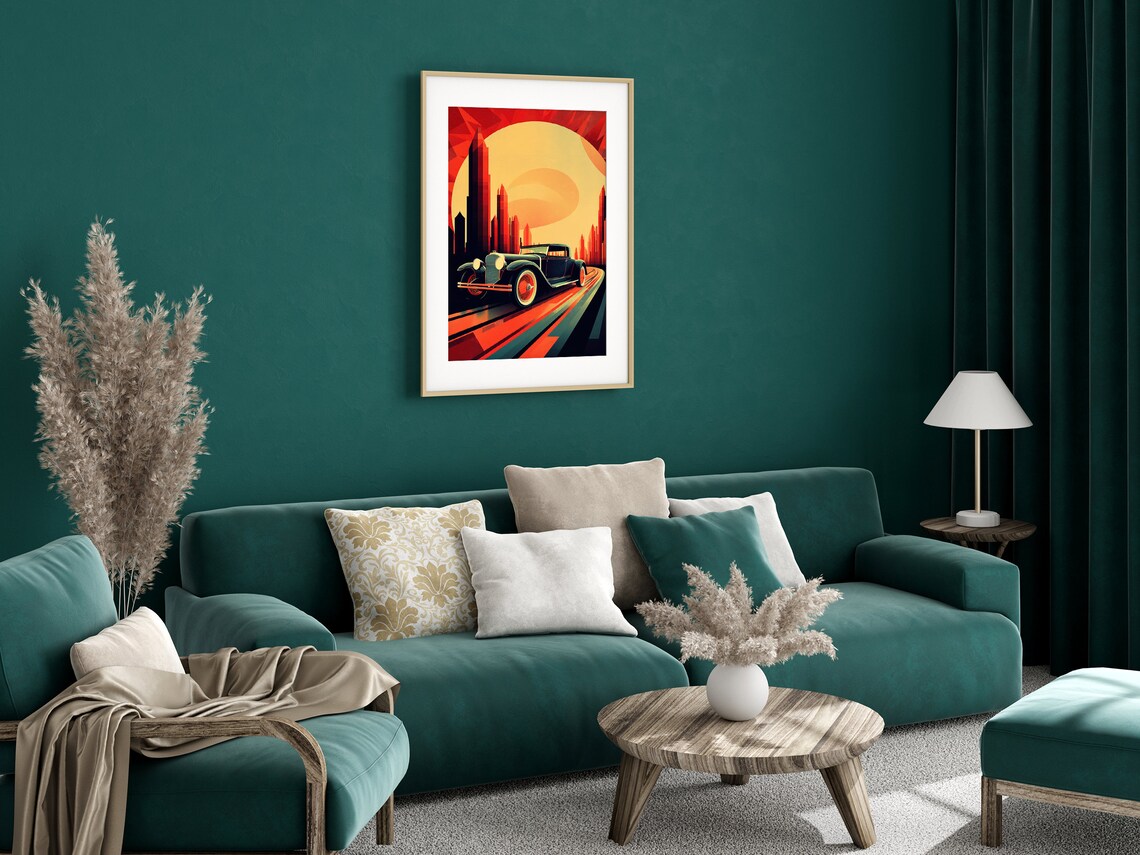Art Deco Vintage Roadster Speeding Through Sunset City Poster - Image 3