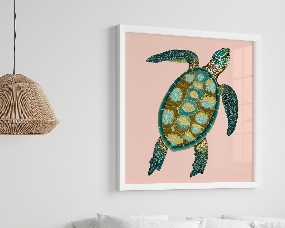 Sea Turtle with Decorative Mosaic Shell Botanical Illustration Poster - Image 2