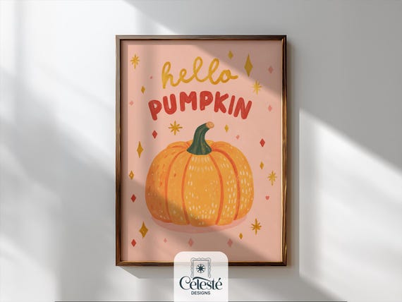 Autumn Wall Art Hello Pumpkin Quote Print Fall Seasonal Typography Artwork Kitchen Decor