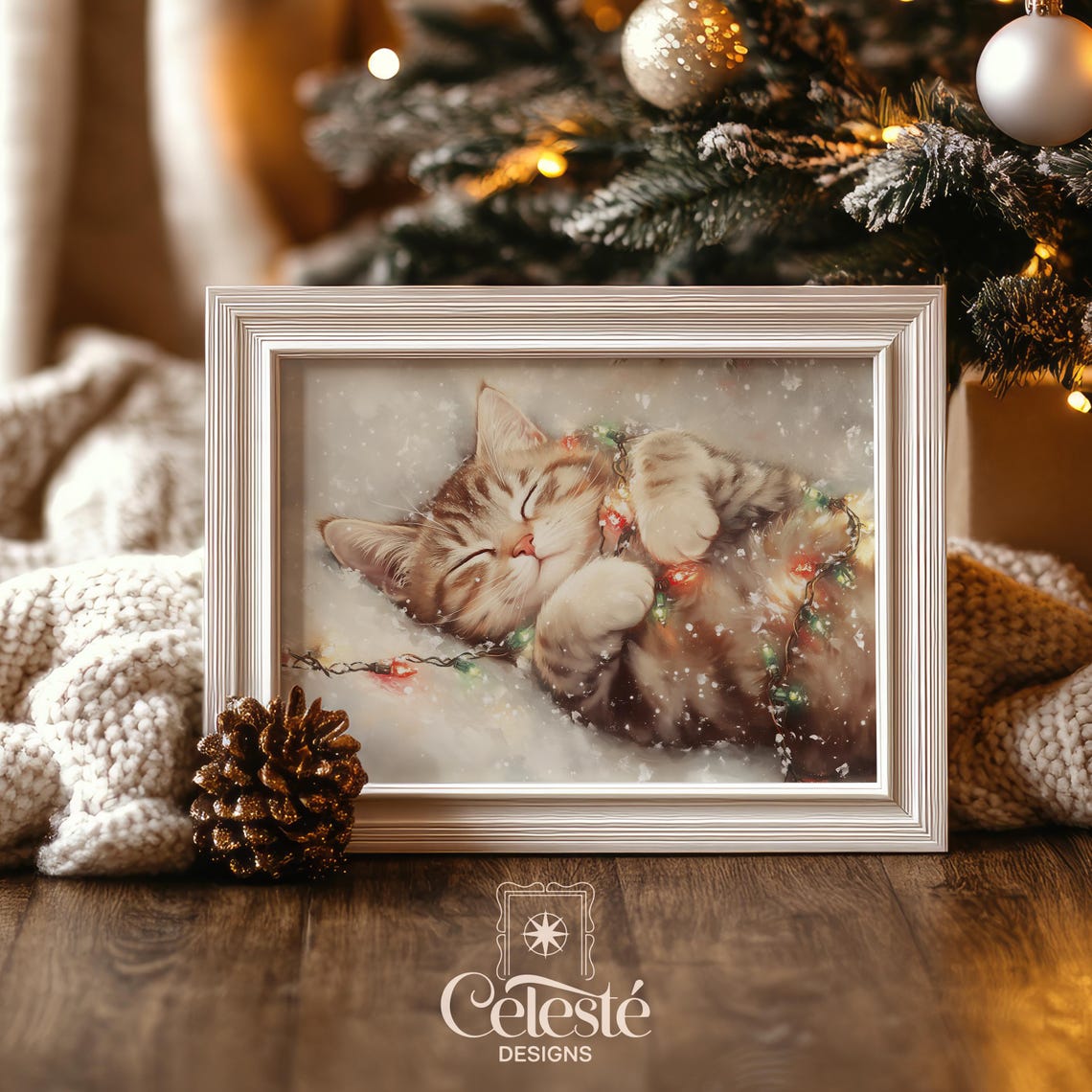 Sleeping Kitten Tangled in Twinkling Christmas Lights Cute Poster
