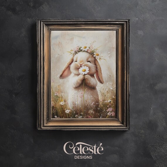 Daisy Crown Bunny Nursery Poster with Soft Watercolor Floral Spring Art