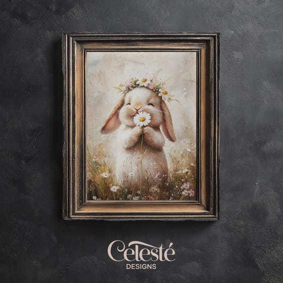 Daisy Crown Bunny Print Spring Nursery Wall Art