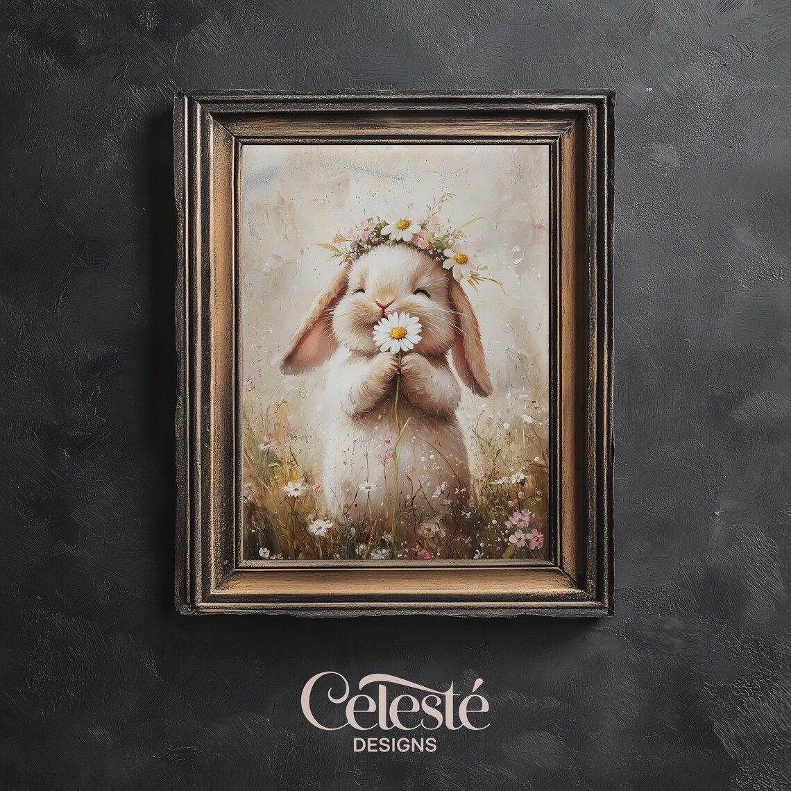 Daisy Crown Bunny Nursery Poster with Soft Watercolor Floral Spring Art
