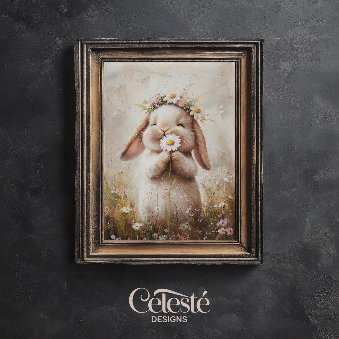 Daisy Crown Bunny Print Spring Nursery Wall Art