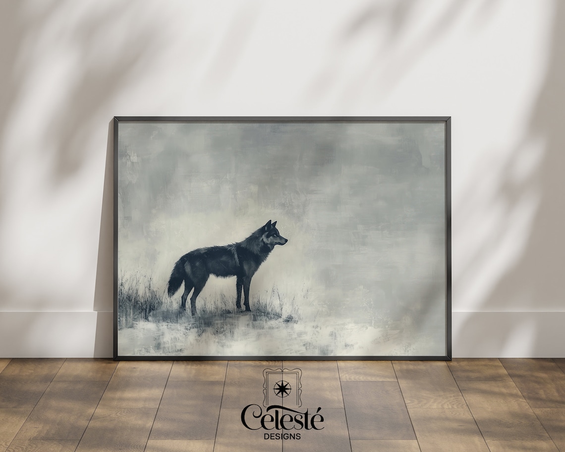 Black Wolf in Winter Mist Minimalist Wildlife Art Poster Decor