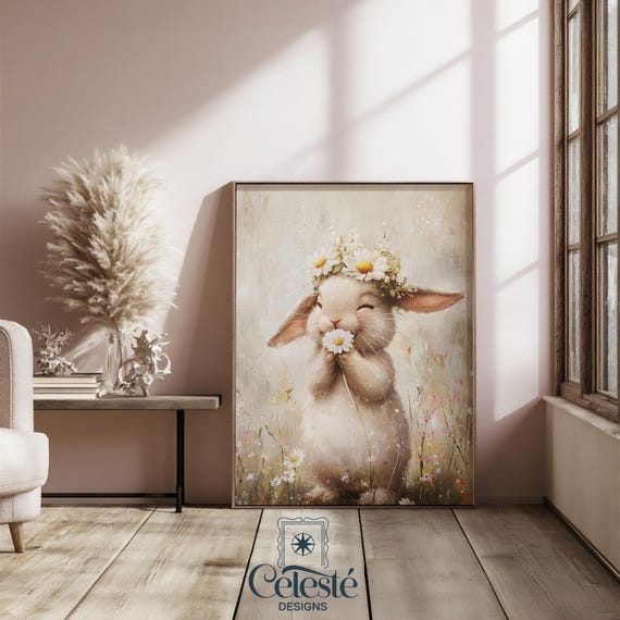 Cute Bunny Wall Art Print Floral Crown Nursery Decor Spring Feminine Easter