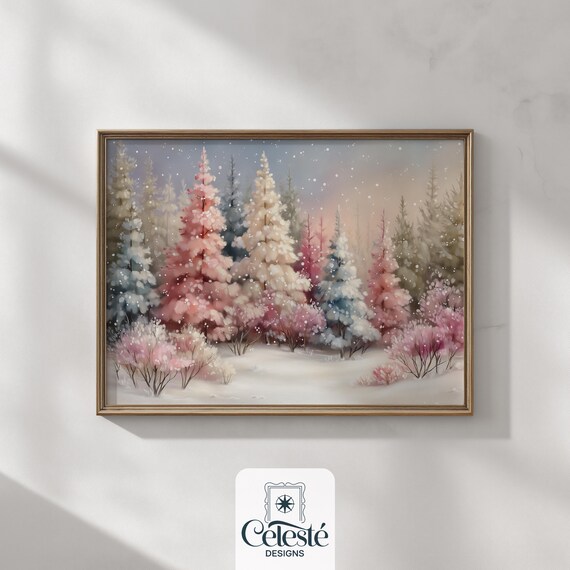 Pastel Pink Winter Forest Snowy Evergreens Watercolor Wall Art