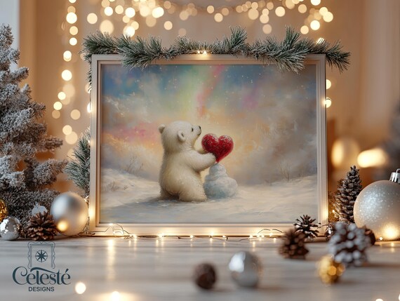Christmas Polar Bear Cub Winter Poster Holding a Red Heart with Snowman