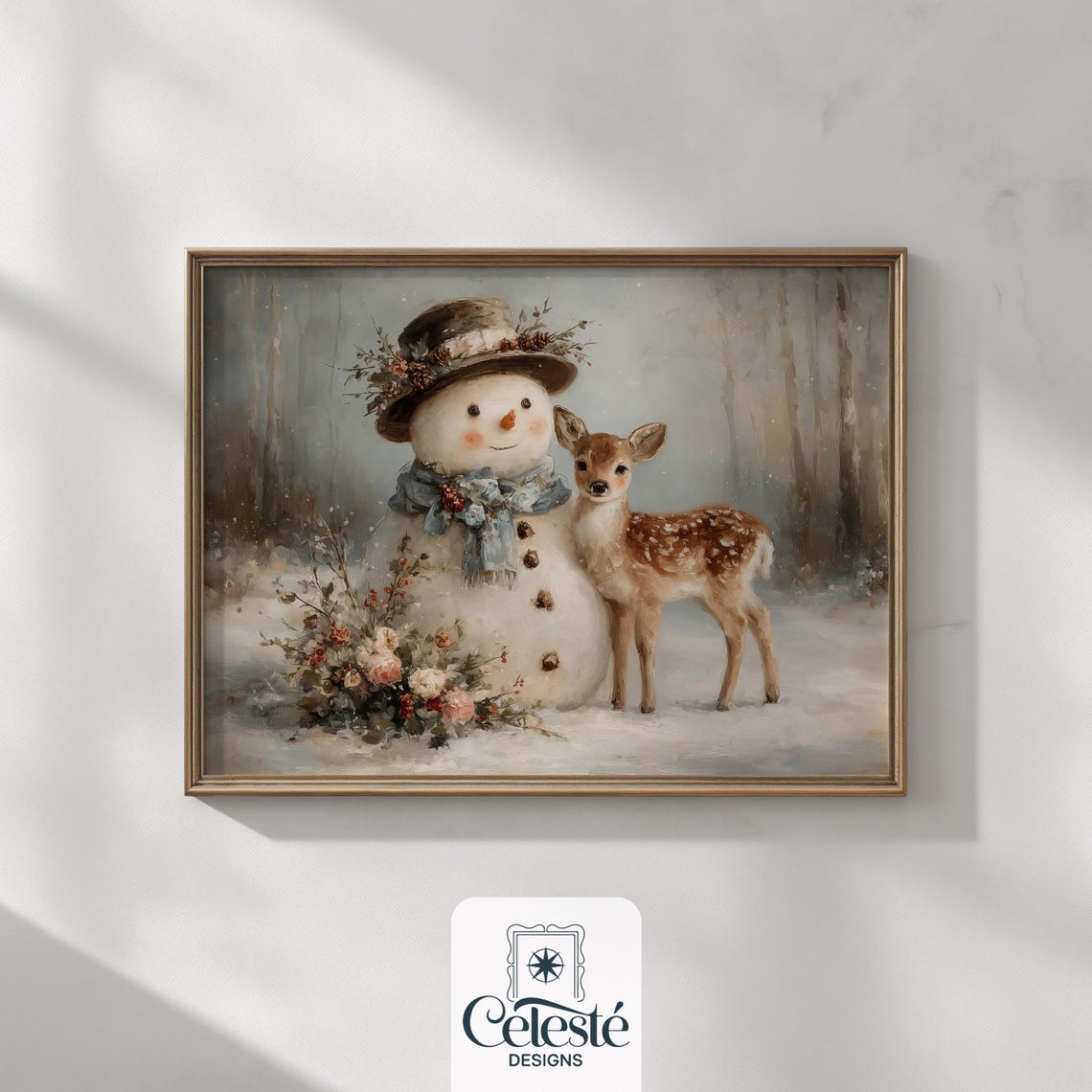 Vintage Snowman With Fawn In Snowy Forest Christmas Wall Art
