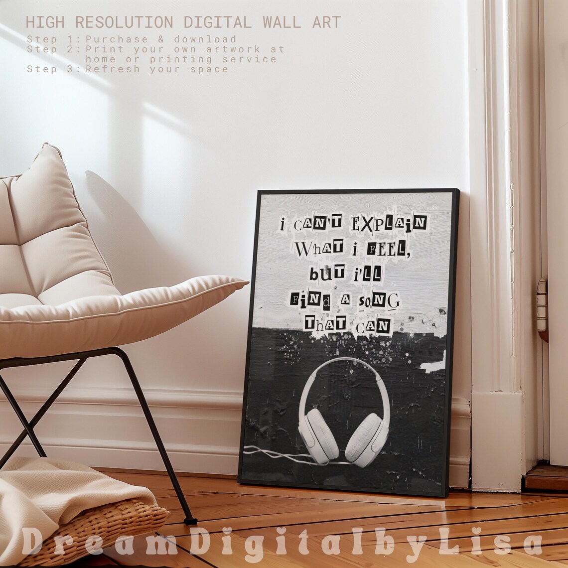 Black and White Music Quote Typography Poster with Headphones Art - Image 2