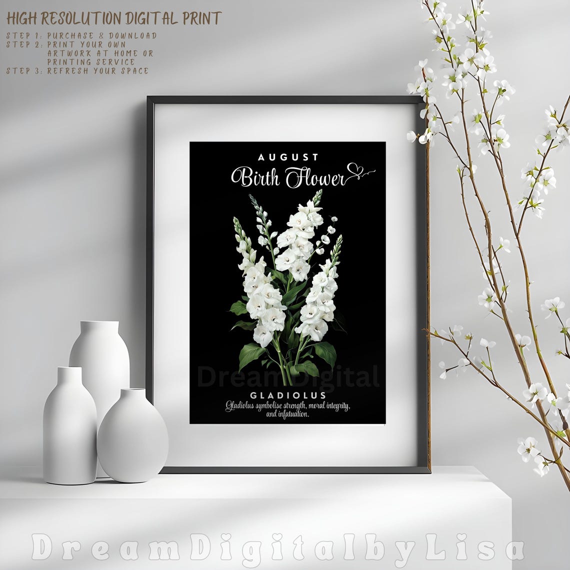 August Birth Flower Gladiolus White Botanical Floral Gift Poster - Image 4