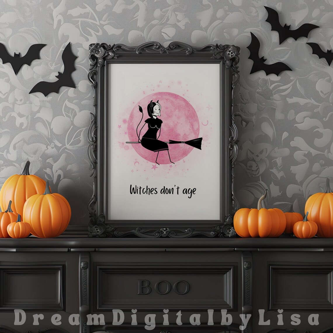 Witches Don't Age Pink Moon Witch Broomstick Halloween Poster - Image 2