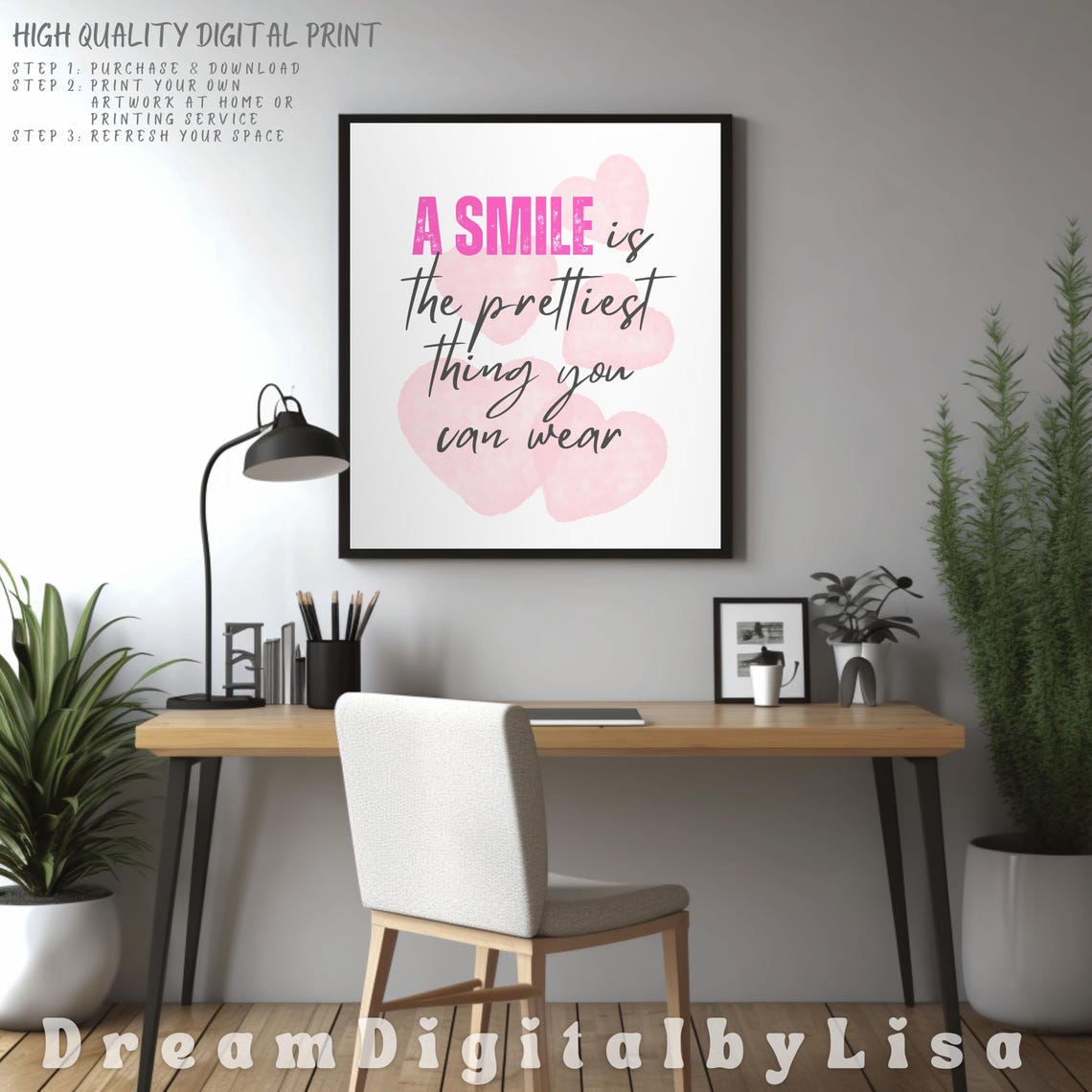 A Smile Is The Prettiest Thing You Can Wear Pink Quote Poster - Image 4