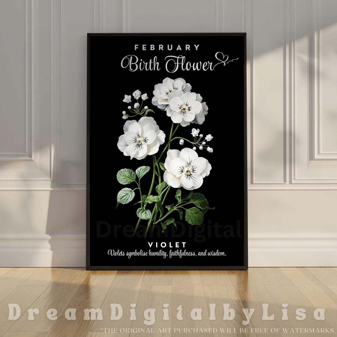 February Birth Flower Violet White Botanical Floral Gift Poster